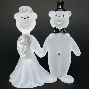  Glass Teddy Bear Bride and Groom Wedding Cake Topper 