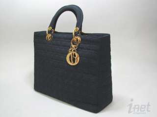 Christian Dior Large Lady Dior Cannage Handbag Dk Blue Microfiber Gold 