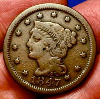 OLD US COINS 1847 RARE PRE CIVIL WAR LARGE CENT PENNY  