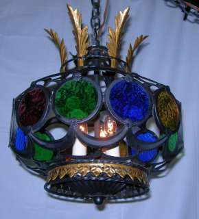 Vintage 1960s~WROUGHT IRON~Italian Glass COLORED DISK~SWAG LAMP  