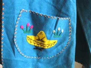 Teal Wool 1940s Lopez Embroidered Donkey Sombrero Mexican Folk Art 