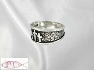 Angled left side view of the THREE CROSSES RING in Sterling Silver.