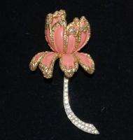Vintage Jomaz Pink Gold Tone Rhinestone Flower Pin 5203  