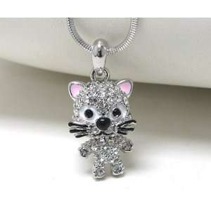   Ice Crystal Covered Kitten/Cat Standing Charm Necklace Silver Tone