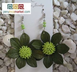 pair LEATHER EARRINGS Green flower **unique design**1  