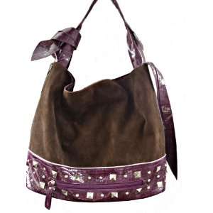   Brown and Purple Suede Like with Croc Trim Hobo Style Handbag Purse