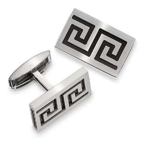 Cufflinks in Stainless Steel with Black Enamel Greek Key Accent and 