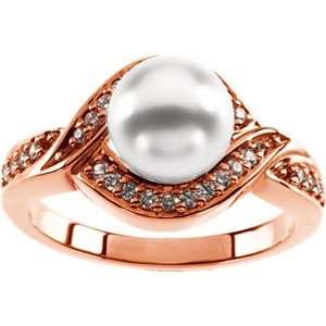   14K Rose Gold Akoya Cultured Pearl and Diamond Ring   7.50mm Jewelry