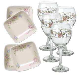 Pfaltzgraff Tea Rose Set of 4 Wine Glasses & 4 Tapas Plates 