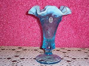 Blue Floral Fenton Art Glass Vase, Vaseline Glass with Sticker  
