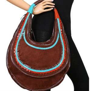Brown Multi Color Faux Suede Fringe Zipper Hobo Handbag  
