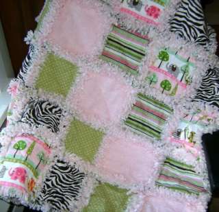 baby girl rag quilt ~ retro pink green brown elephants  
