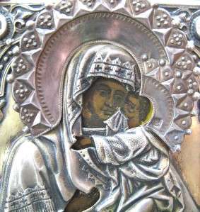 RARE 1894 RUSSIAN ICON VIRGIN with CHILD silver oklad  