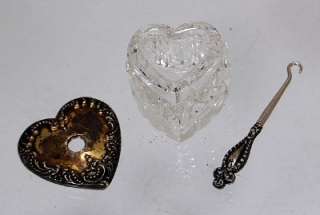 Antique Sterling Silver Lid Cut Glass Heart Trinket Box  