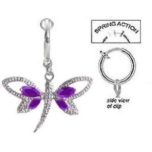  Fake Belly Navel Non Clip on Purple Gem Dragonfly dangle 