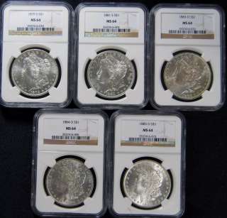 Lot of 5 Different MS 64 Morgan Dollars NGC Pre 1921  