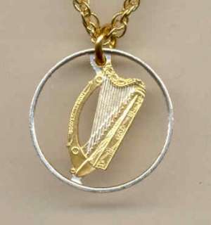 Gold on Silver Irish Half Penny Harp Cut Coin Pendant with Rim and No 