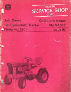 John Deere 120 Hydrostatic Lawn Garden Tractor Operators Manual  