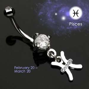 Belly Ring with Dangling Zodiac Cubic Zirconia Pisces   Feb.20 thru 