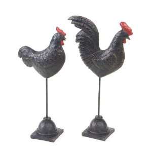  Black Rooster and Hen Bird Sculpture on Stand, Set of 2 