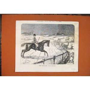  Very Fond Leech Horse Snow Jump Hunt Old Print 1854