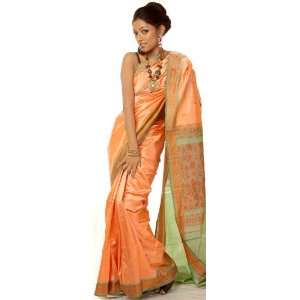  Coral Bangalore Silk Sari with Floral Weave on Border and 