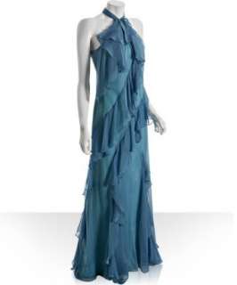 Badgley Mischka Platinum Label lake blue silk ruffle halter gown 