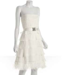 BCBGMAXAZRIA ivory chiffon belted feather detail dress   up to 