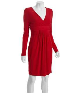 Calvin Klein red jersey pleat front long sleeve dress