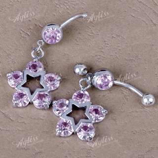   14G Pink Crystal Dangle Star Steel Belly Navel Ring Piercing  