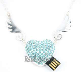   Mini Crystal Angel Heart Necklace USB 2.0 Flash Drive   Blue  