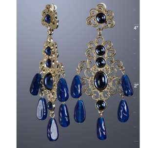 Kenneth Jay Lane blue cabochon clip on chandelier earrings