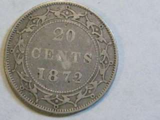 1872 H Silver 20 cent coin. Newfoundland  Canada. Victoria.  
