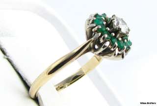   VS2 H I Diamond 1/3ctw Emeralds Floral Ring   14k Gold Vintage A+