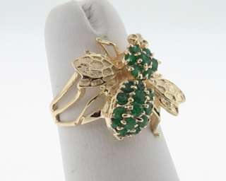Natural Emeralds Fly Insect Bug 14k Yellow Gold Ring  