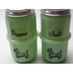  Jade Green Milk Glass Scotty Dog Salt & Pepper Shaker Set 