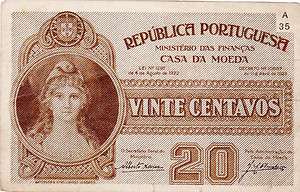 PORTUGAL 20 CENTAVOS CEDULA / NOTGELD 1922  