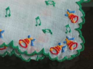 Vintage Christmas Holiday Hand Embroidered Handkerchief Bells Musical 