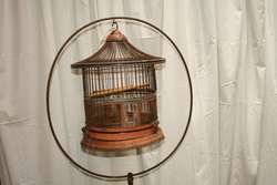 Antique Bird Cage in Brass Stand Victorian Original Patina Round Hoop 