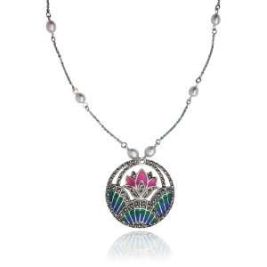   Marcasite and Multi Color Epoxy Circle and Pearl Necklace Jewelry