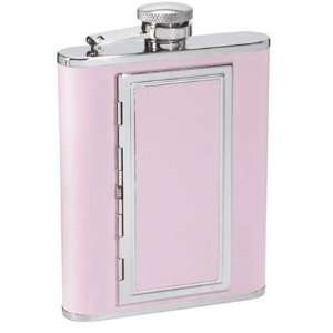  Pink Leather 6oz Flask with Built In Cigarette Case 