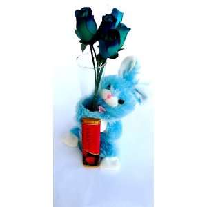 Glass Bud Vase With Plush Blue Bunny Rabbit Stuffed Animal & Premium 