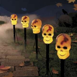   of 5 Halloween Blow Mold Skull Lawn pathway Stake Lights New  