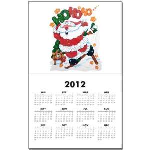 Calendar Print w Current Year Merry Christmas Santa Claus Skiing Ho Ho 