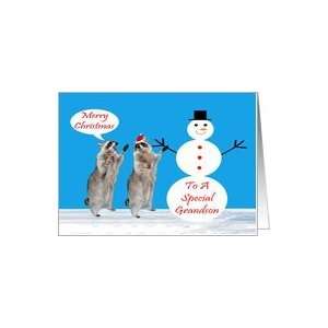  Christmas To Grandson, Raccoons with snowman Card Health 