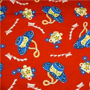 Vintage 1960s Cotton Fabric Cowboy Theme on Red BTY  