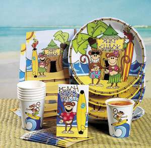 Beach Monkey Luau Tableware, Plates, Napkins, Cups, Inv  