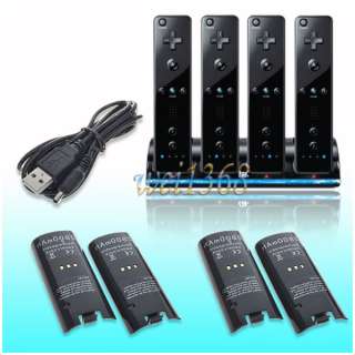 Black Wii Quad 4x Charger Dock Station + 4x battery for Nintendo Wii 