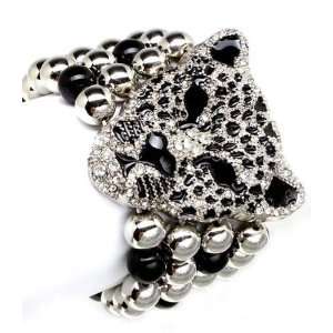     Black & White Crystal Tiger Beaded Stretch Bracelet Jewelry