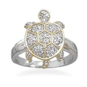   14K Gold Over .925 Sterling Silver Turtle Ring with Clear CZs, Size 8